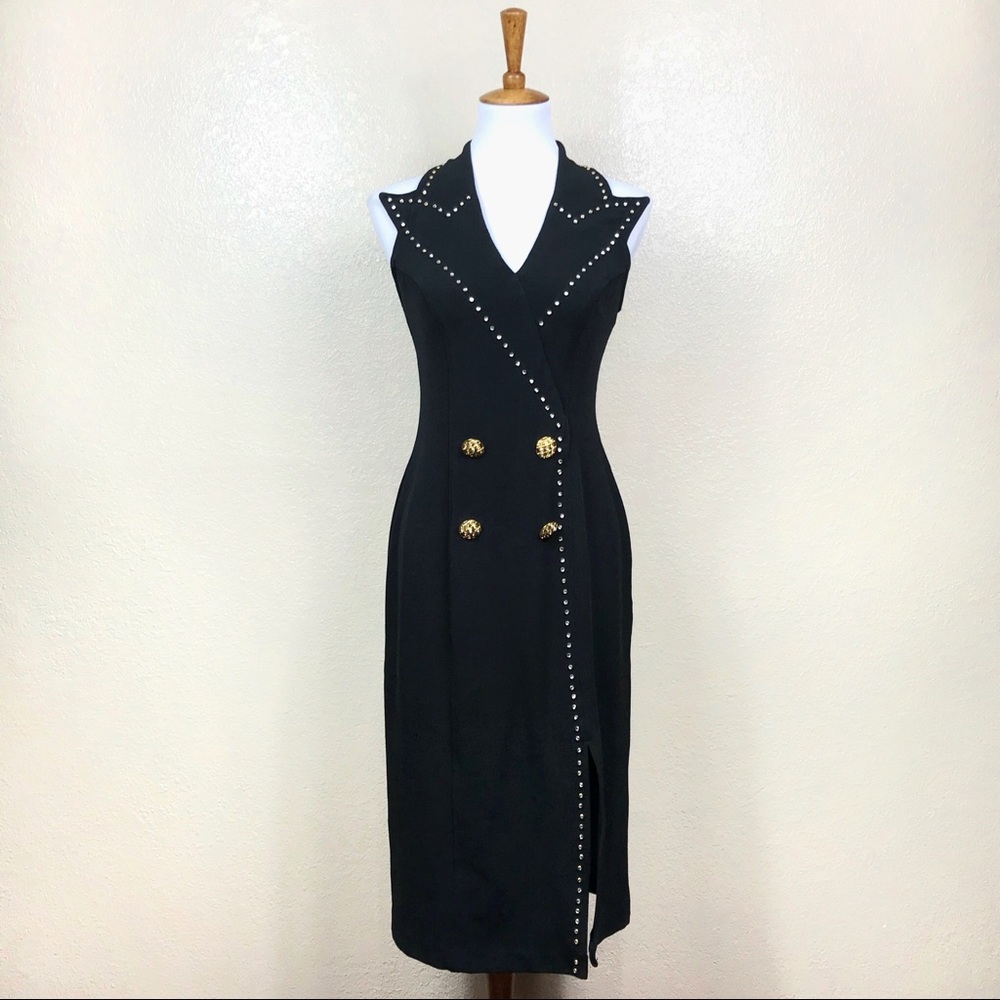Vintage Rhinestone Double Breasted Sleeveless Tuxedo Dress